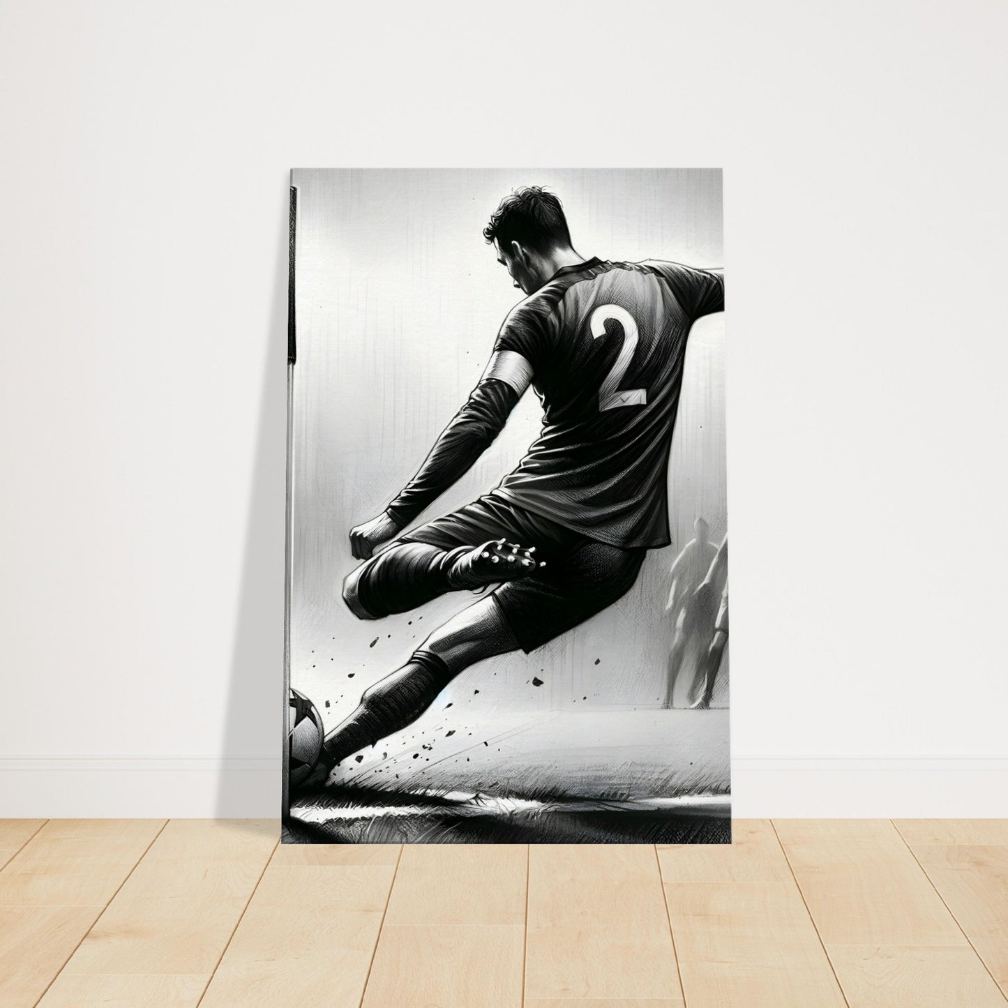 Pencil sketch of a football player preparing to take a corner kick with players positioned in the penalty box.