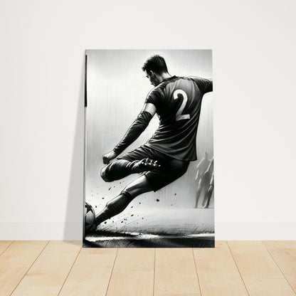 Pencil sketch of a football player preparing to take a corner kick with players positioned in the penalty box.