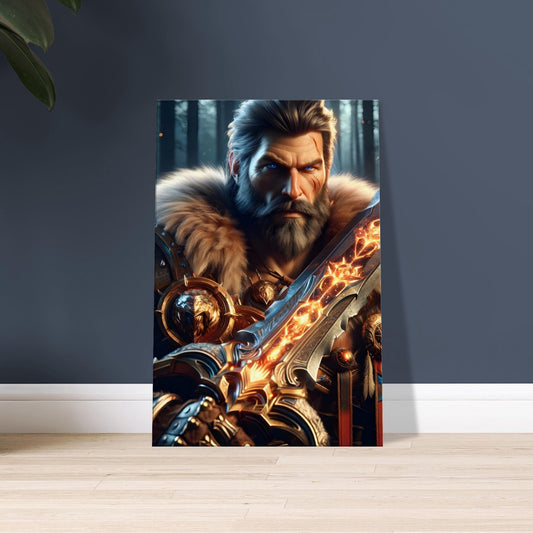 A muscular barbarian in red and gold leather and fur armor holds a glowing cosmic sword in a dark, untamed forest.