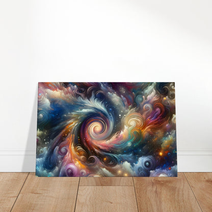 Abstract canvas depicting swirling galaxies and celestial forms in vibrant cosmic colours on a deep space background.