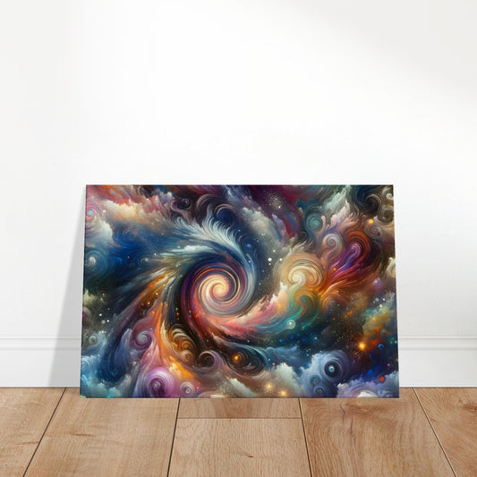 Abstract canvas depicting swirling galaxies and celestial forms in vibrant cosmic colours on a deep space background.