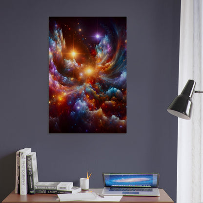 Metal poster of a radiant cosmic scene with nebulae, star patterns, and vibrant galactic colors in a breathtaking composition.