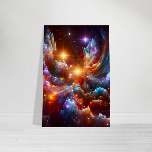 Vibrant canvas wall art of a cosmic nebula garden with glowing constellations and rich color detail.