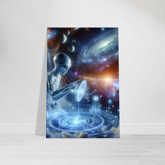 Futuristic alien navigating a holographic interface in a galaxy-themed canvas art print.