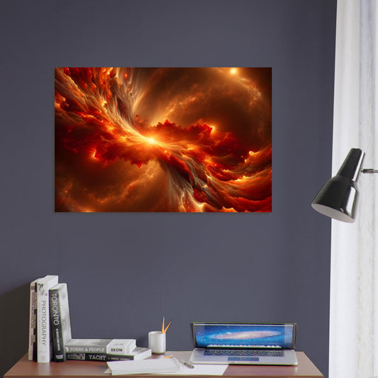 Metal poster depicting a vibrant red and orange galaxy collision illustrating cosmic energy and transformation.