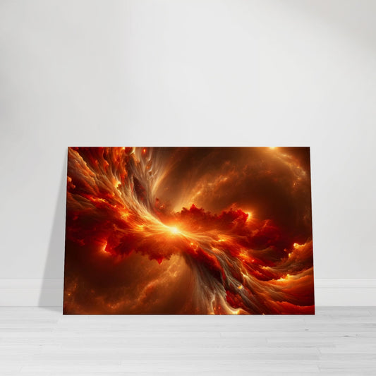 Canvas wall art of a red and orange galaxy collision with vivid colors and dynamic cosmic detail.