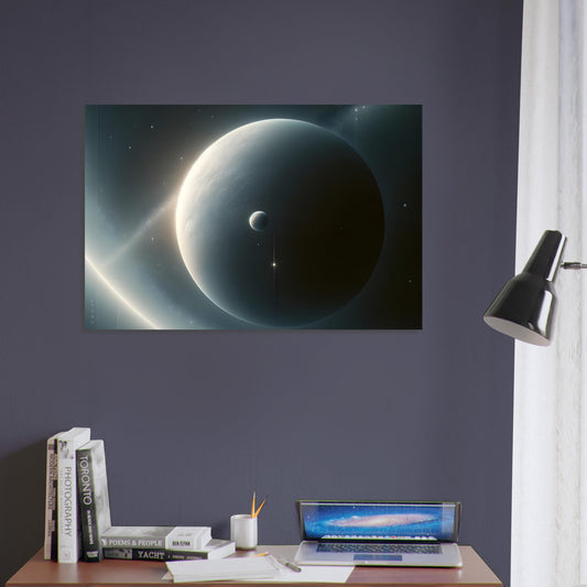 Minimalist metal poster depicting a large moon, smaller moon, and single star against a dark cosmic background with natural hues.