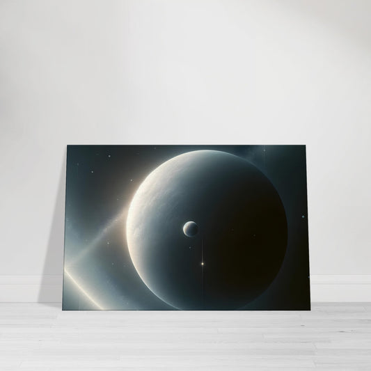 Minimalist canvas artwork of a moon and satellite in a dark space scene with subtle stars and gentle color tones.