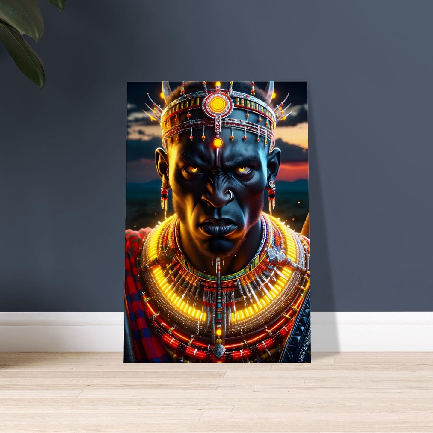 A Maasai warrior in red shuka and glowing yellow jewelry stands against a twilight African savannah.