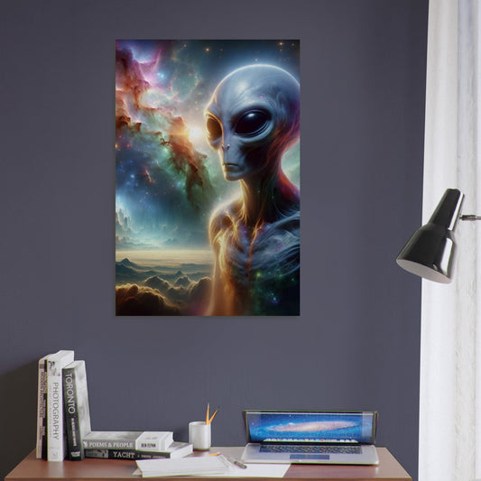 Metal poster of a majestic alien set against a colorful cosmic background with galaxies, nebulas, and celestial bodies.
