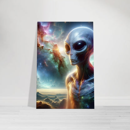 An alien being with intricate features stands before a vibrant cosmic backdrop filled with nebulas, galaxies, and celestial bodies.
