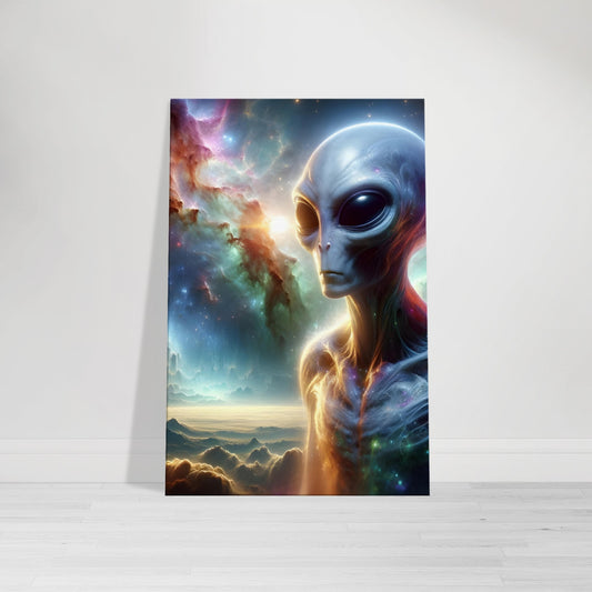 An alien being with intricate features stands before a vibrant cosmic backdrop filled with nebulas, galaxies, and celestial bodies.