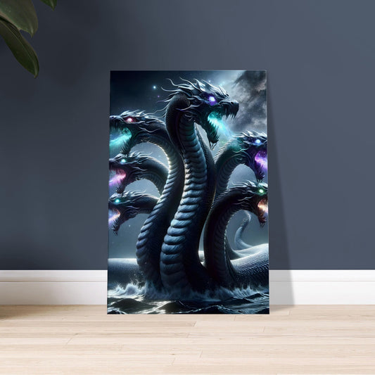 Artwork of a multi-headed Hydra with glowing eyes and purple-blue scales in a misty swamp reflecting luminous moonlight.