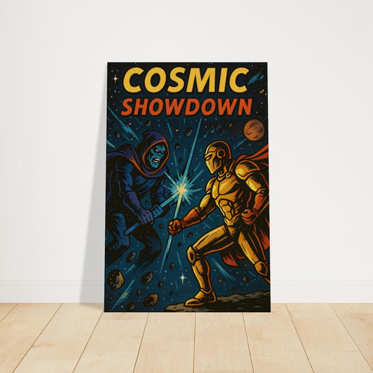 Comic-book artwork of armoured hero fighting cosmic villain with glowing energy bursts and galaxies in background.