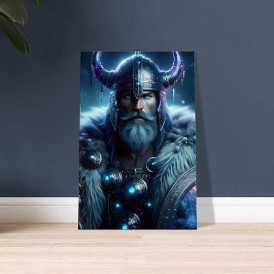 A Viking warrior in icy blue and silver armor with glowing axe and shield stands in a snowy Nordic landscape.