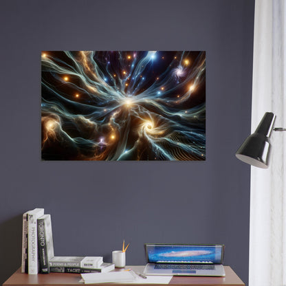 Metal poster depicting luminous dark matter filaments connecting galaxies in a vast, colorful cosmic structure.