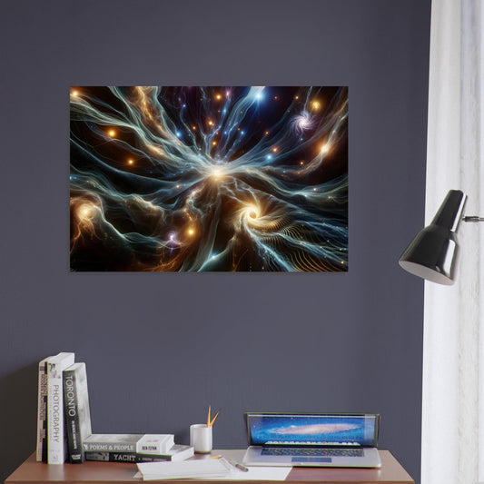 Metal poster depicting luminous dark matter filaments connecting galaxies in a vast, colorful cosmic structure.