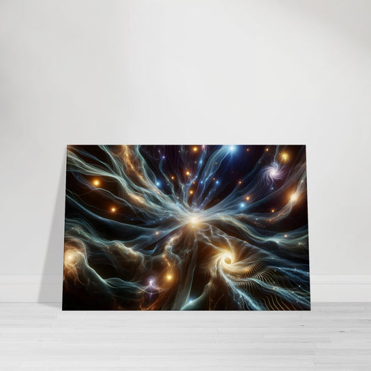 Canvas wall art showing a cosmic web of glowing filaments connecting galaxies in space.
