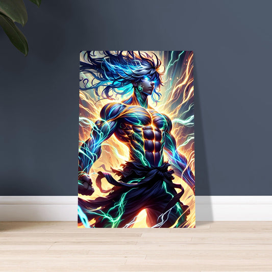 Anime warrior glowing with red, blue, and violet energy, surrounded by cosmic storm on vibrant metal poster.