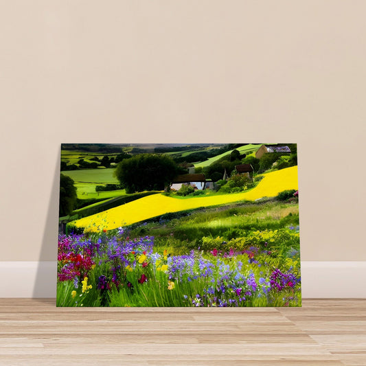 Colorful countryside scene with a cottage nestled among wildflowers, rolling green hills, and a clear sky in the background.