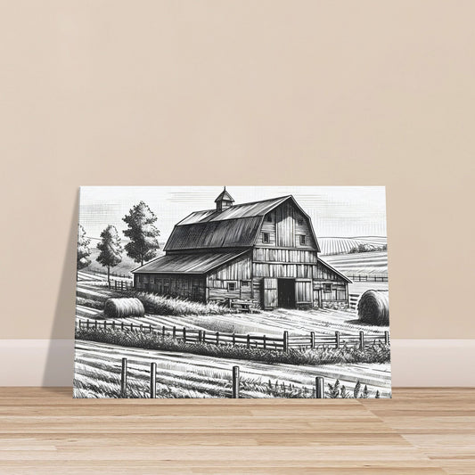 Monochrome sketch of a country barn with wooden siding, hay bales, grassy fields, fence, and trees in the background.