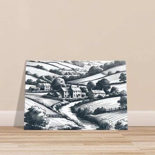 Black and white sketch of a countryside cottage with thatched roof, stone walls, trees, fencing, and a nearby stream.