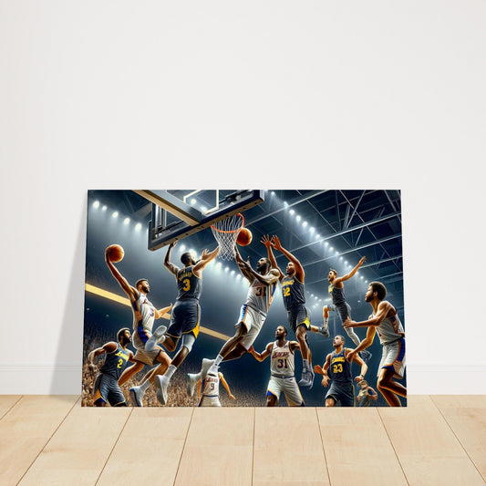 Basketball players captured mid-air during a shot, with crowd in background, highlighting the energy and motion of the game.