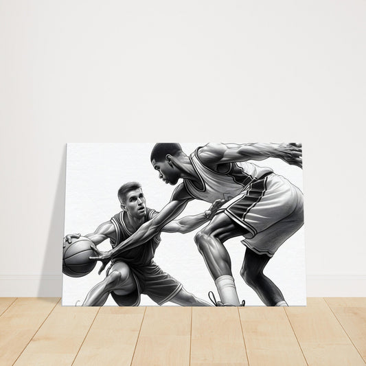 Pencil sketch of two basketball players in motion during a steal attempt, highlighting court action, focus, and athletic energy.