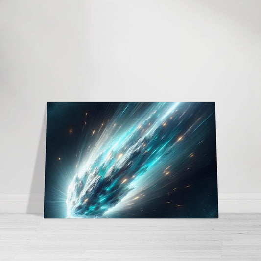 Canvas wall art of a turquoise and silver comet streaking through space with a glowing, radiant trail.