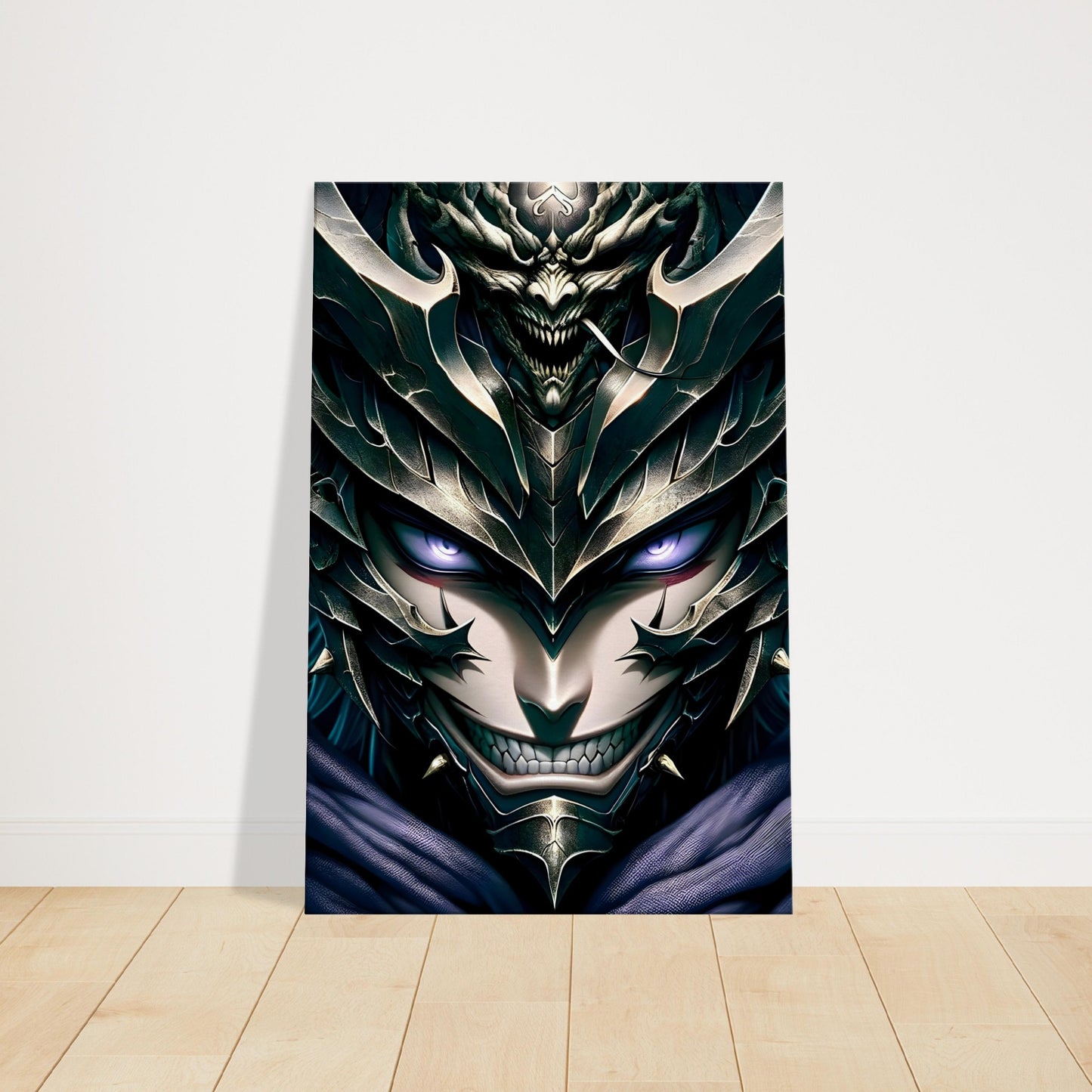 Anime-style warrior with demonic face and dark headgear, standing against a shadowy, ominous background.