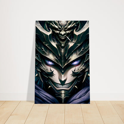 Anime-style warrior with demonic face and dark headgear, standing against a shadowy, ominous background.