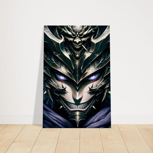 Anime-style warrior with demonic face and dark headgear, standing against a shadowy, ominous background.