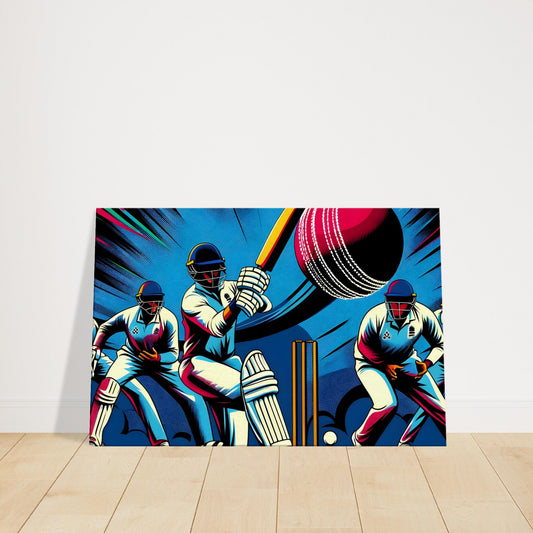 Canvas artwork of a cricket batsman mid-swing with bowler and fielders in motion, set against a vivid, energetic background.