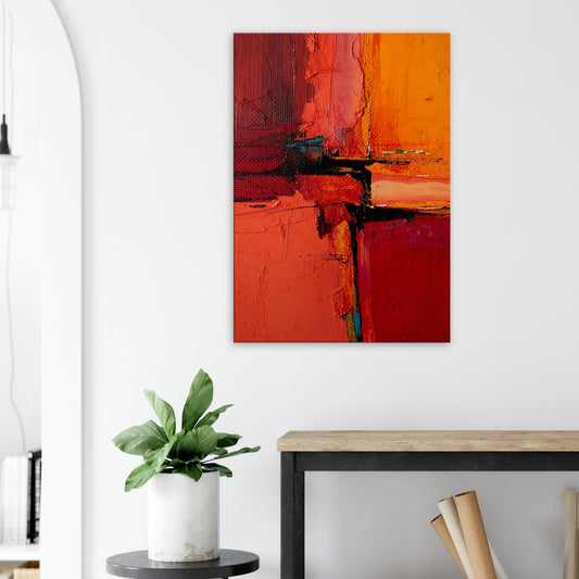 Bold warm abstract canvas art featuring crimson, molten orange, gold, and black textured strokes.