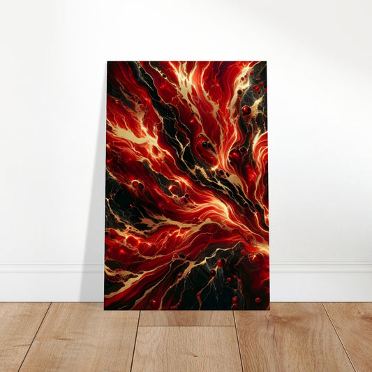 Crimson red marble wall art with bold black and gold veining and a polished finish for a fiery, dramatic effect.