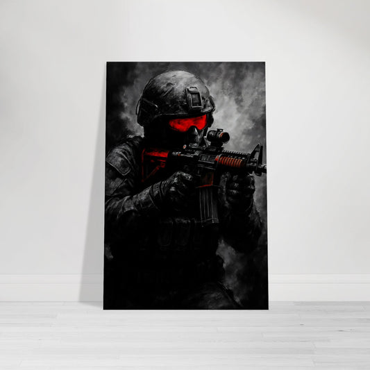 Striking tactical art of a soldier aiming down sights in red-accented gear. A gritty, cinematic piece from the Warfare Division wall art collection.