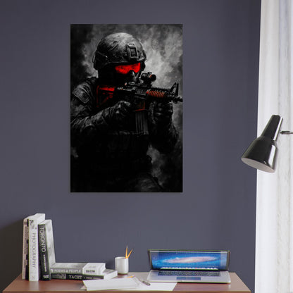 Striking tactical art of a soldier aiming down sights in red-accented gear. A gritty, cinematic piece from the Warfare Division wall art collection.