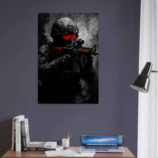 Striking tactical art of a soldier aiming down sights in red-accented gear. A gritty, cinematic piece from the Warfare Division wall art collection.