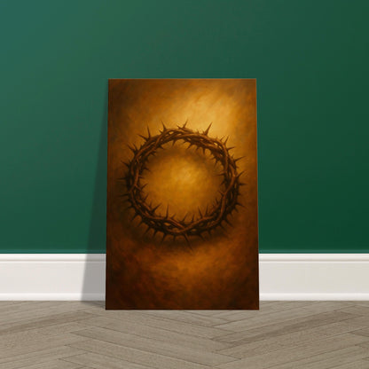 Crown of thorns resting on stone, glowing with golden divine light, 2:3 portrait, displayed on premium canvas wall art print.