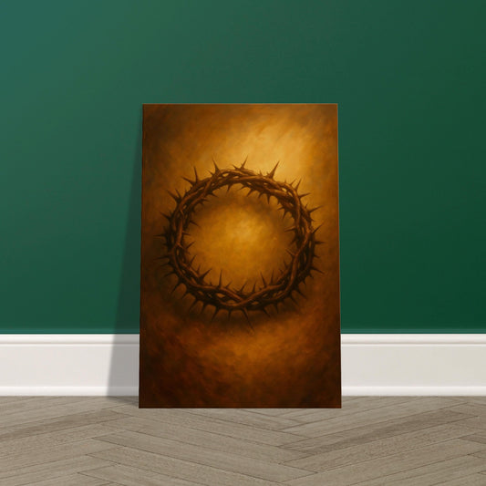 Crown of thorns resting on stone, glowing with golden divine light, 2:3 portrait, displayed on premium canvas wall art print.
