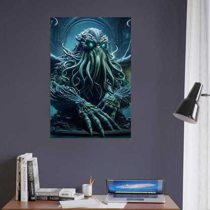 Metal poster of Cthulhu with glowing blue eyes, sea-green tentacles, wings, and silver scales amid a submerged ancient city.