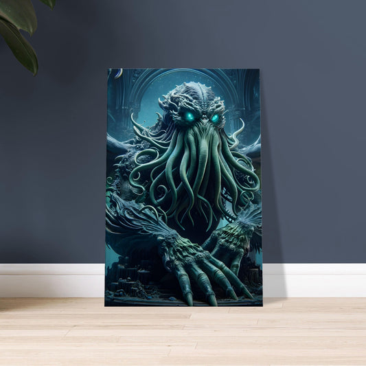 Mythical luxury artwork of Cthulhu with tentacled face, glowing blue eyes, sea-green scales, and wings, set in an ancient submerged city.