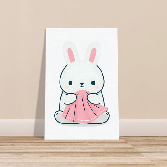 Canvas print of a cartoon bunny snuggled in a soft pink blanket with a tender expression.