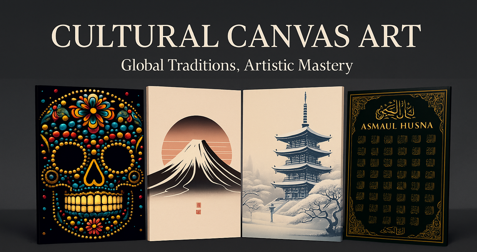  Promotional banner for the Cultural Canvas Collection featuring a vibrant Mexican sugar skull, Mount Fuji minimalist artwork, snowy Japanese pagoda, and two Islamic calligraphy canvases, with centered white text offering 25% off.