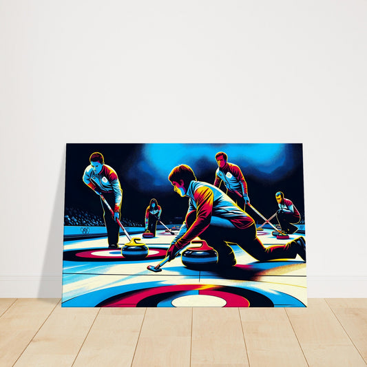 Canvas artwork of curling players in action with stones in motion, set against a colorful curling house, showing strategy and precision.
