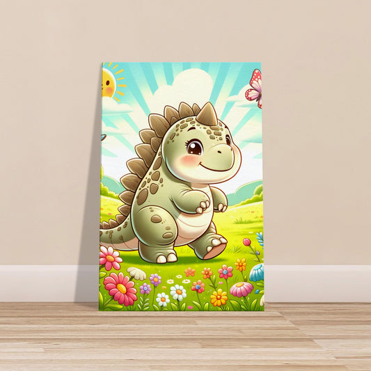 Cartoon-style Ankylosaurus with soft rounded features walking through a sunny meadow with flowers and butterflies.