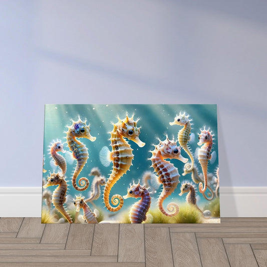 Hyper-realistic image of playful baby seahorses swimming among underwater plants.