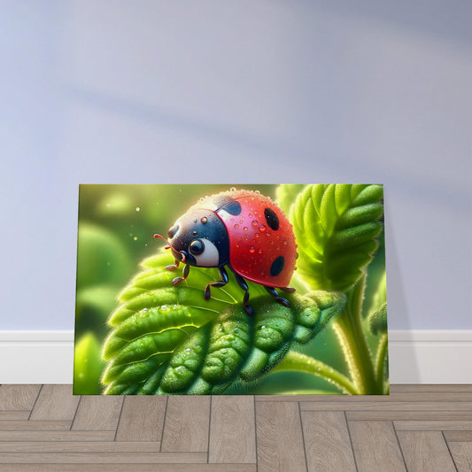 Canvas print of a hyper-realistic ladybug with red and black spots resting on a green leaf.