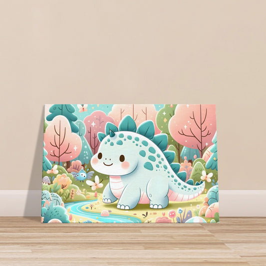 Cartoon-style smiling Stegosaurus wandering through a whimsical forest with trees, streams, and playful animals.