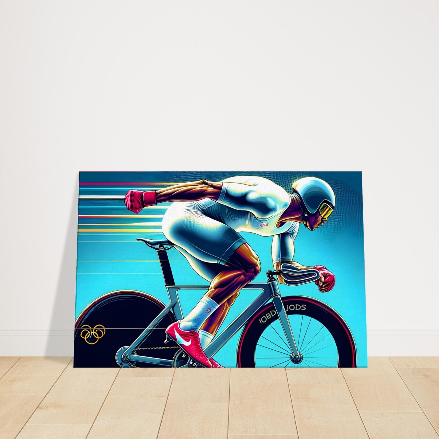 Canvas artwork of a cyclist in aerodynamic form, depicted with vivid strokes and color gradients to convey speed and motion.